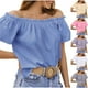 thumbnail image 1 of Camisas de maestra,Blusa con hombros descubiertos, manga corta, plisada, tejido de poliéster suave, camisa informal de verano para mujer, sopatenor, 1 of 8