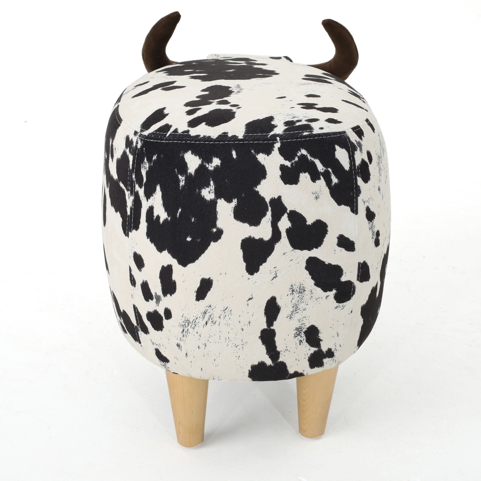 Cow-Shaped Ottoman with Velvet Horns and Birch Legs, Black and White Animal Footstool for Living Room and Bedroom