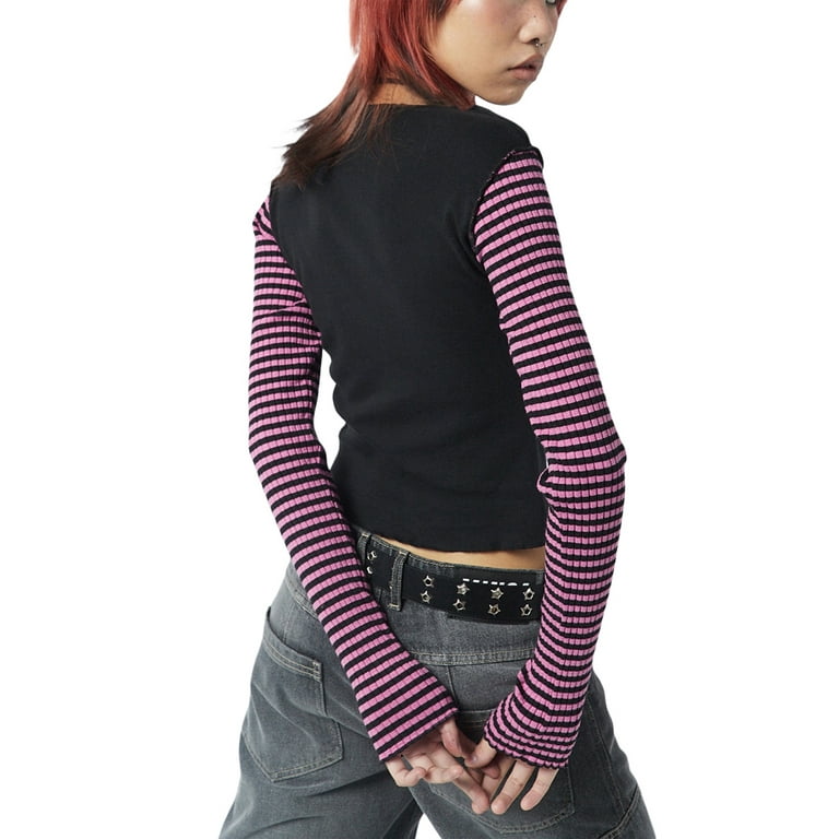 Women Star Patched Striped Long Sleeve T-shirt Harajuku