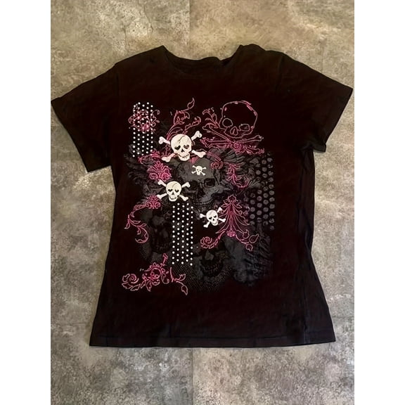 Women's Gothic Punk Rock Skull Graphic Black Cotton T-Shirt