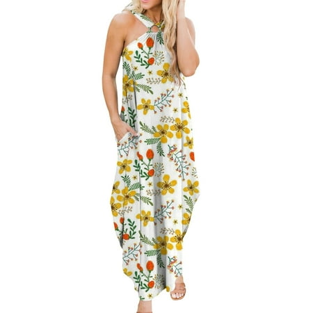

Juebong Boho Summer Maxi Dress for Women Summer Casual Criss Cross Sundress Sleeveless Split Long Beach Dress With Pockets