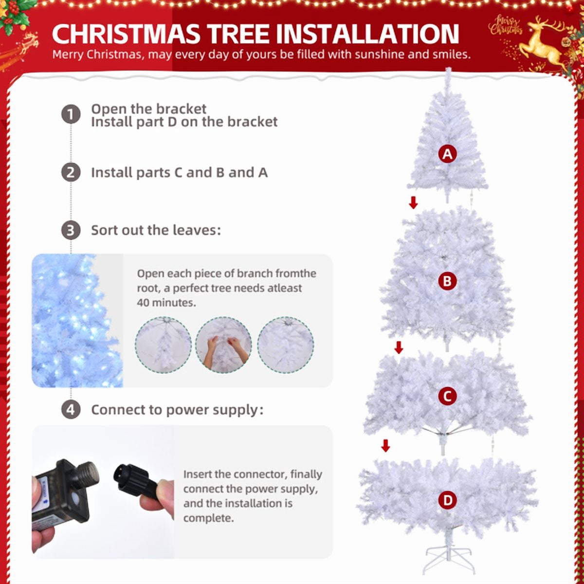 9FT Pre-Lit White Christmas Tree, 2000 PVC Branch Tips, 650 Cold White LEDs, Sturdy Iron Stand, Flame-Retardant Artificial Holiday Centerpiece