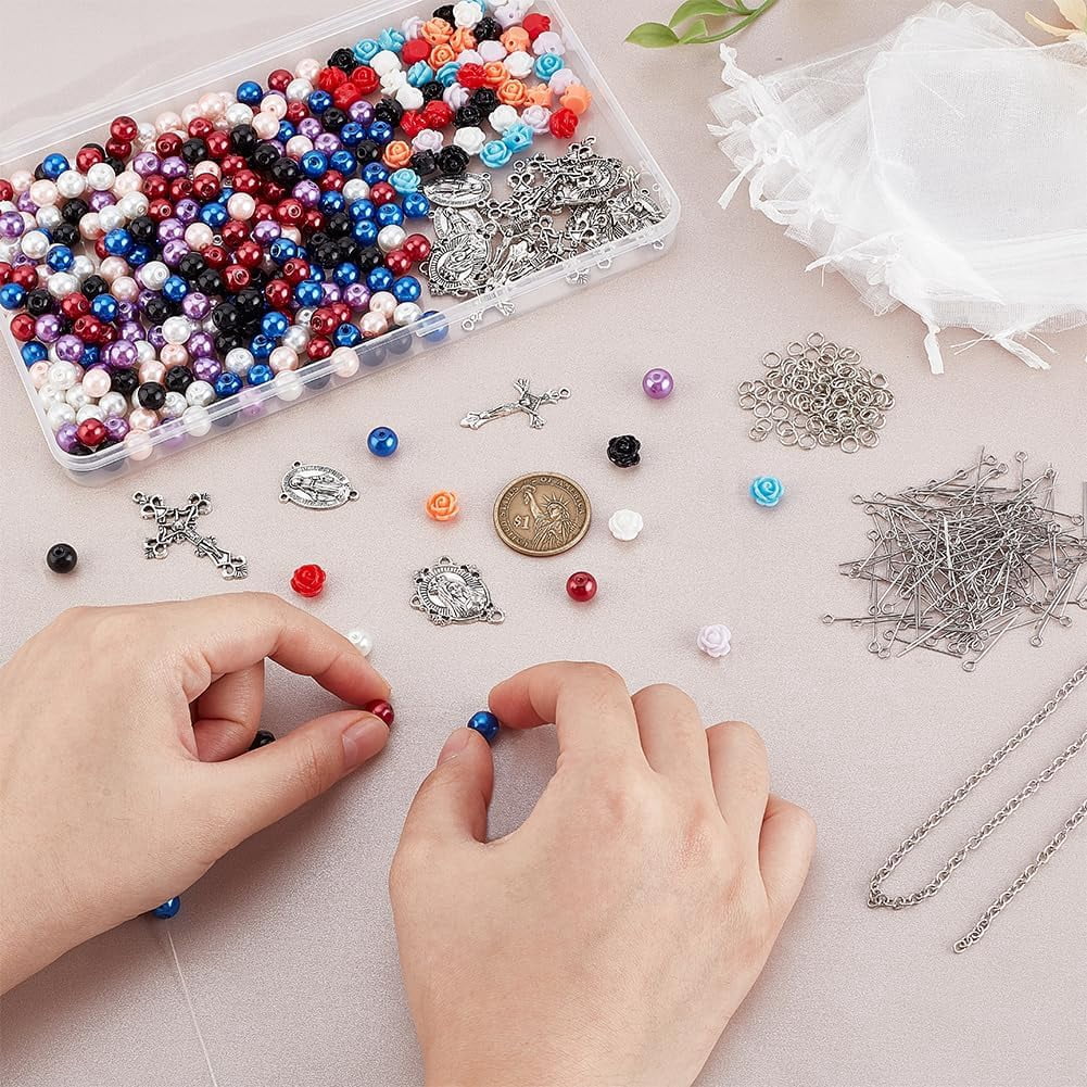 1set 647pcs Rosary Jewelry Making Kit Prayer Making Supplies Necklace Set 8mm Glass Pearl Beads Cross Charms Rose Beads for Mubarak Ramadan Jewelry Making Bracelet Earring
