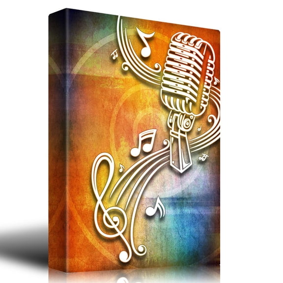 wall26 - Microphone Surrounded by Music Notes on a Colorful Background - Canvas Art Home Art - 12x18 inches