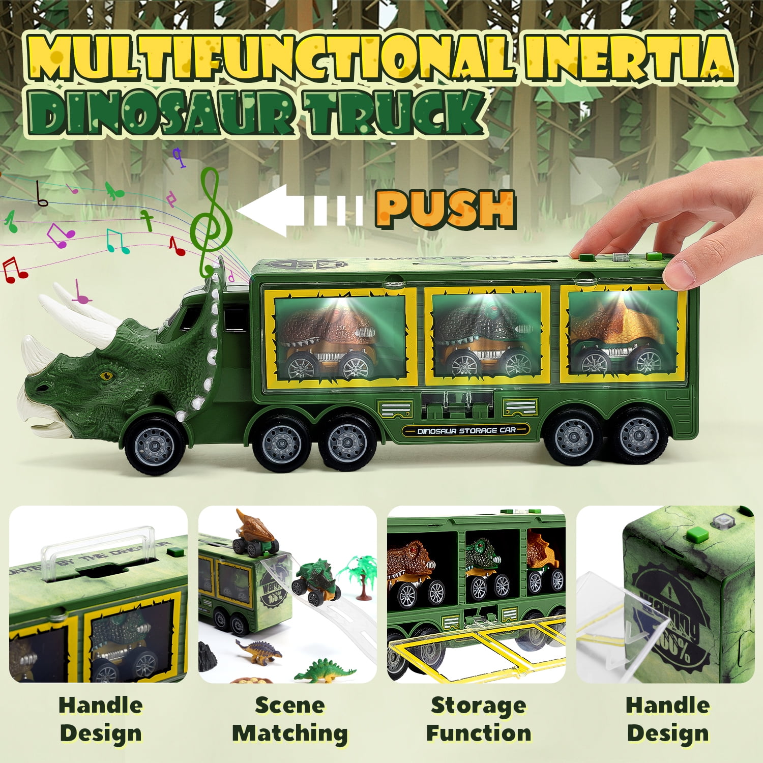 JoyStone 20 in 1 Dinosaur Truck Toys with Lights & Sounds,  Dinosaur Play Set for Kids 3-5 Years, Including 6 Pull Back Cars, 6 Dino Figures, Birthday Gift for Boys Girls, Green