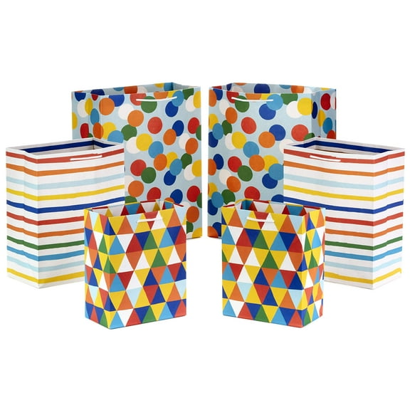 Hallmark Gift Bag Assortment - Red, AIS1 Blue, Yellow (Pack of 6: 2 Medium 9", 2 Large 11", 2 Extra Large 14") Rainbow Bags for Birthdays, Baby Showers, Graduations, Fathers Day