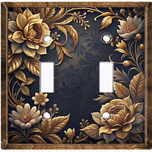Metal Light Switch Wall Plate Outlet Cover (Printed Image of Gold Floral Frame - Double Toggle)