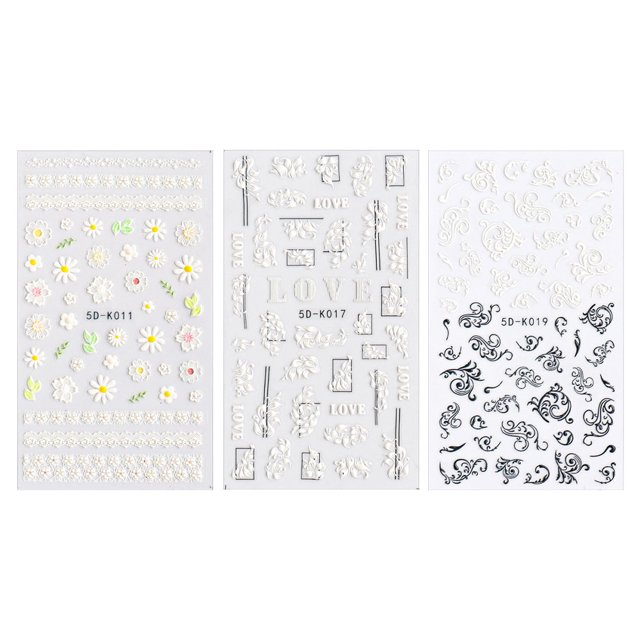 Pegatinas para decoración de uñas con relieve estereoscópico 5D, diseños de uñas para mujeres, decoraciones de uñas acrílicas DIY, 3 hojas, 10,5 x 6 cm