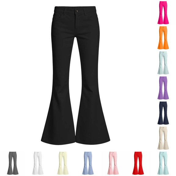 VNKIDY Girls Kids Mid Rise Button Fly Solid Color Slim Fit Bell Bottom Pants Classic Pocket Retro Casual Stretch Flare Long Trousers For Child Trendy Pants 11-12 Years