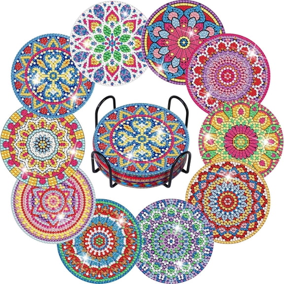 10 Pieces Diamond Painting Coasters DIY Kits, Mandala Diamond Art Coasters with Holder, Arts and Crafts for Adults, Easy to DIY for beginners