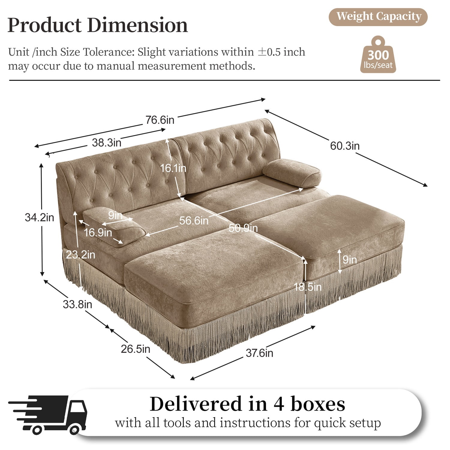 Hommoo 2-Seater Chesterfield Style Velvet Fabric Sofa Couch set with 2 Ottomans, Tufted Button Upholstered Design and Floor-grazing Tassel, Free Combination Sectional Sofa, for Home, Camel