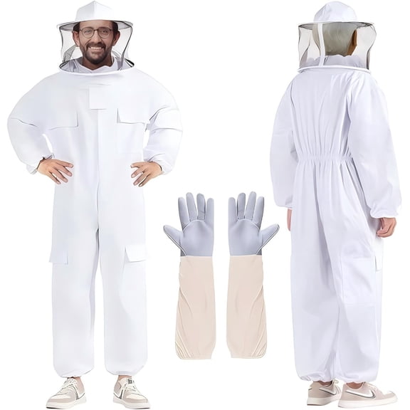 Professional Bee Suit for Men & Women, Sting Protection Full Body Beekeeping Suit with Round Veil & Goatskin Gloves, Ventilated Cotton Polyester Beekeeper Suit