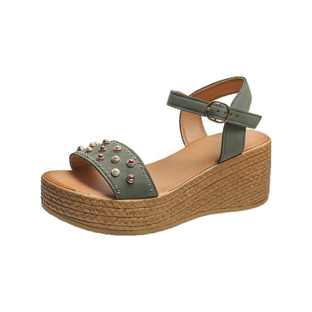 

Wedge Sandals for Women Chunky Platform Sandals Sparkly Pearl Strappy Sandal Ankle Strap Casual Summer Sandals for Women