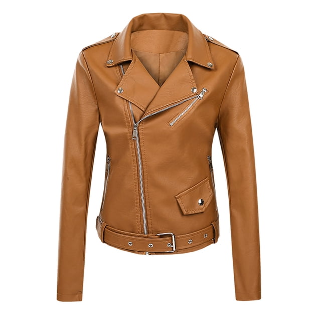 IROINID Veste Courte en Similicuir pour Femme, Revers Cranté, Couleur Unie, Veste à Manches Longues, Fermeture Éclair, Poche, Manteau, Brun