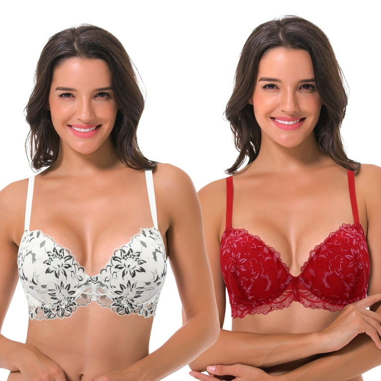 Curve Muse Women's Underwire Plus Size Push Up Add 1 and a Half Cup Lace  Bras-2PK-White/Black,Red/White-44B