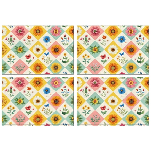 Pioneer Flower Floral Print Pattern Summer Placemats Table Placemats Set Of 4-Linen Kitchen Washable Placemats Table Mats 12x18 Inch Non-Slip Heat Resistant