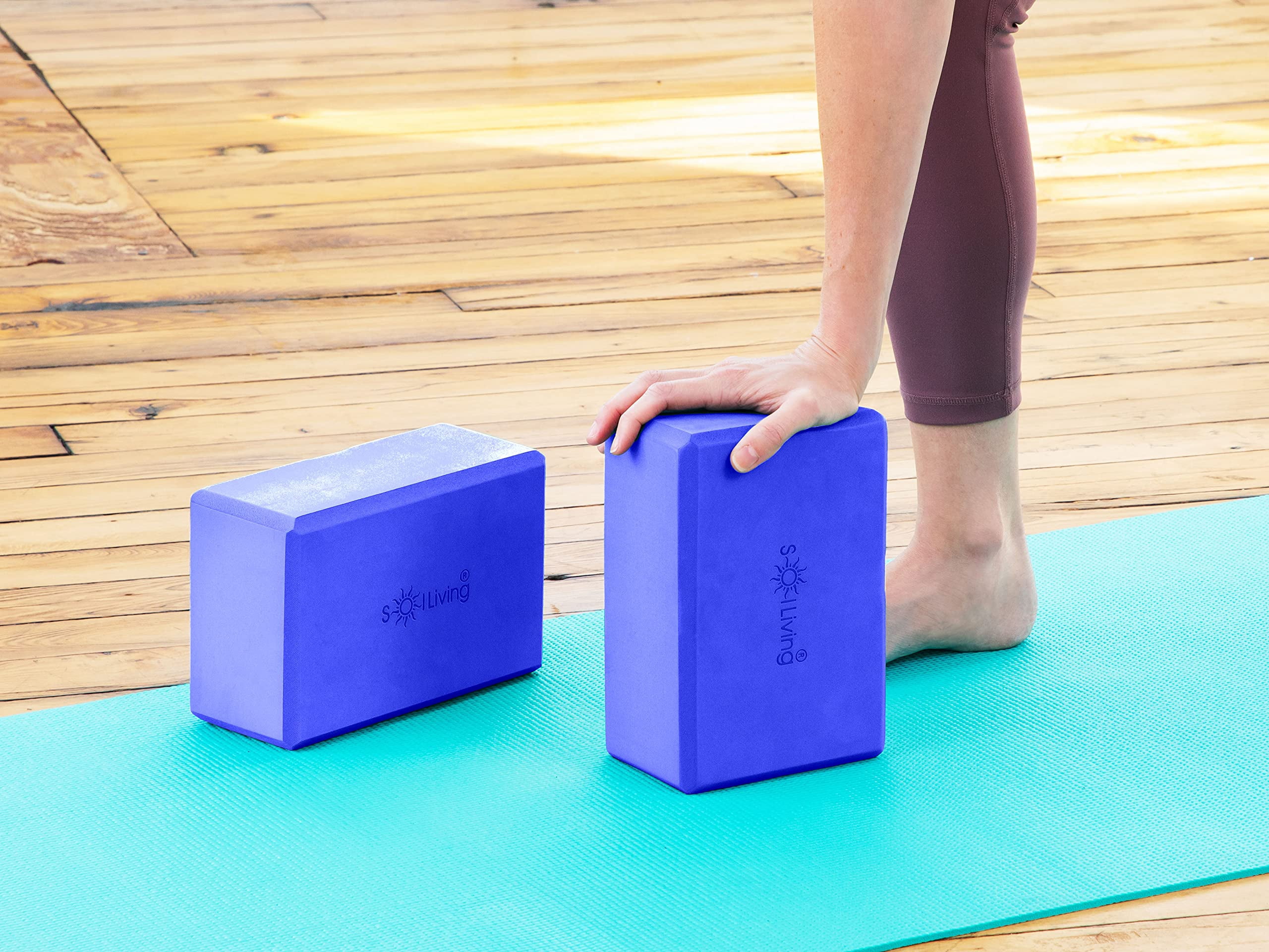 Sol Living Yoga Blocks 2 Pack High Density EVA Foam Yoga Cushion Stretching Pilates Meditation Exercise Equipment Support Deepen Poses Odor Free Non Slip Yoga Accessories - 4" x 6" x 9"- Blue
