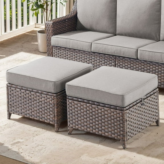POCASSY Wicker Outdoor Ottoman, Patio Footstools with All Weather Brown Wicker and Polyester Olefin Cushion, 250lbs Load Capacity for Balcony, Garden, Pool, Brown/Gray