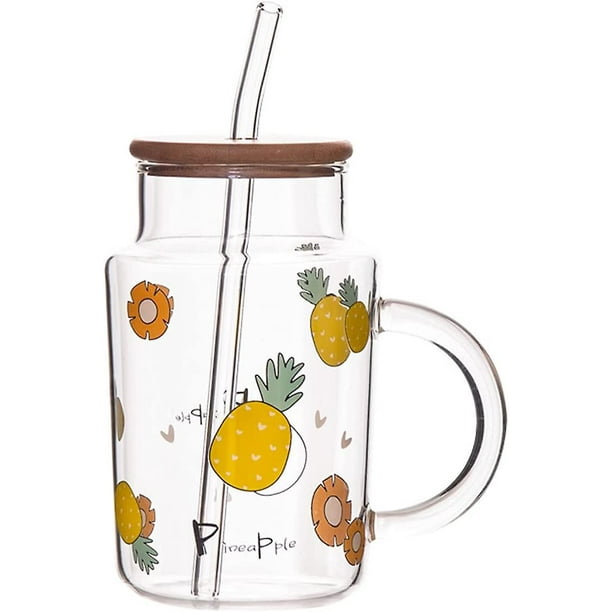 Clear Glass Mug With Lid And Straw, 15 Oz Drinking Glass Juice Cup