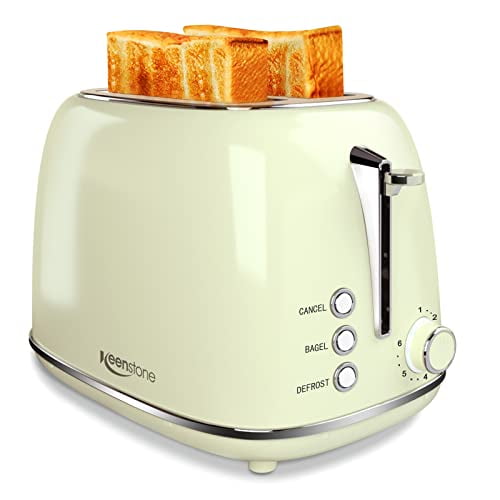 Grille-pain 2 Tranches en Acier Inoxydable Rétro avec 6 Réglages de Brunissage du Pain, Fonction Bagel, Annulation, Décongélation, Fente Extra Grand, Plateau Ramasse-Miettes Amovible, Niveaux et Options Arrondis de Brunissage, Levier de Surélévation Reh