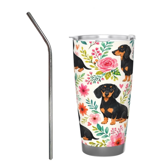 20oz Floral Dachshund Dog Tumbler Insulated Car Cup Cute Puppy Travel Coffee Cup Gift for Women with Stainless Steel Straw