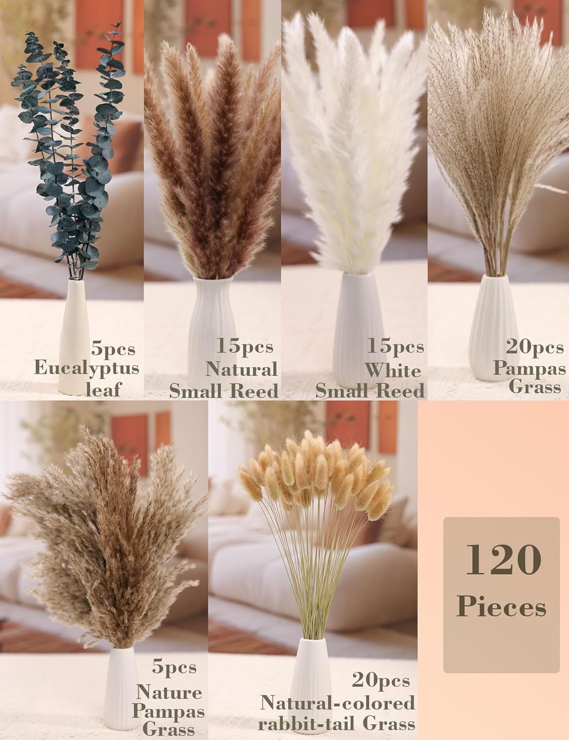 120 PCS Dried Pampas Grass, Flowers, Reed Grass Bouquet for Bohemian Flowers Home Table Wedding Decoration, Rustic Farmhour.(Light Brown)