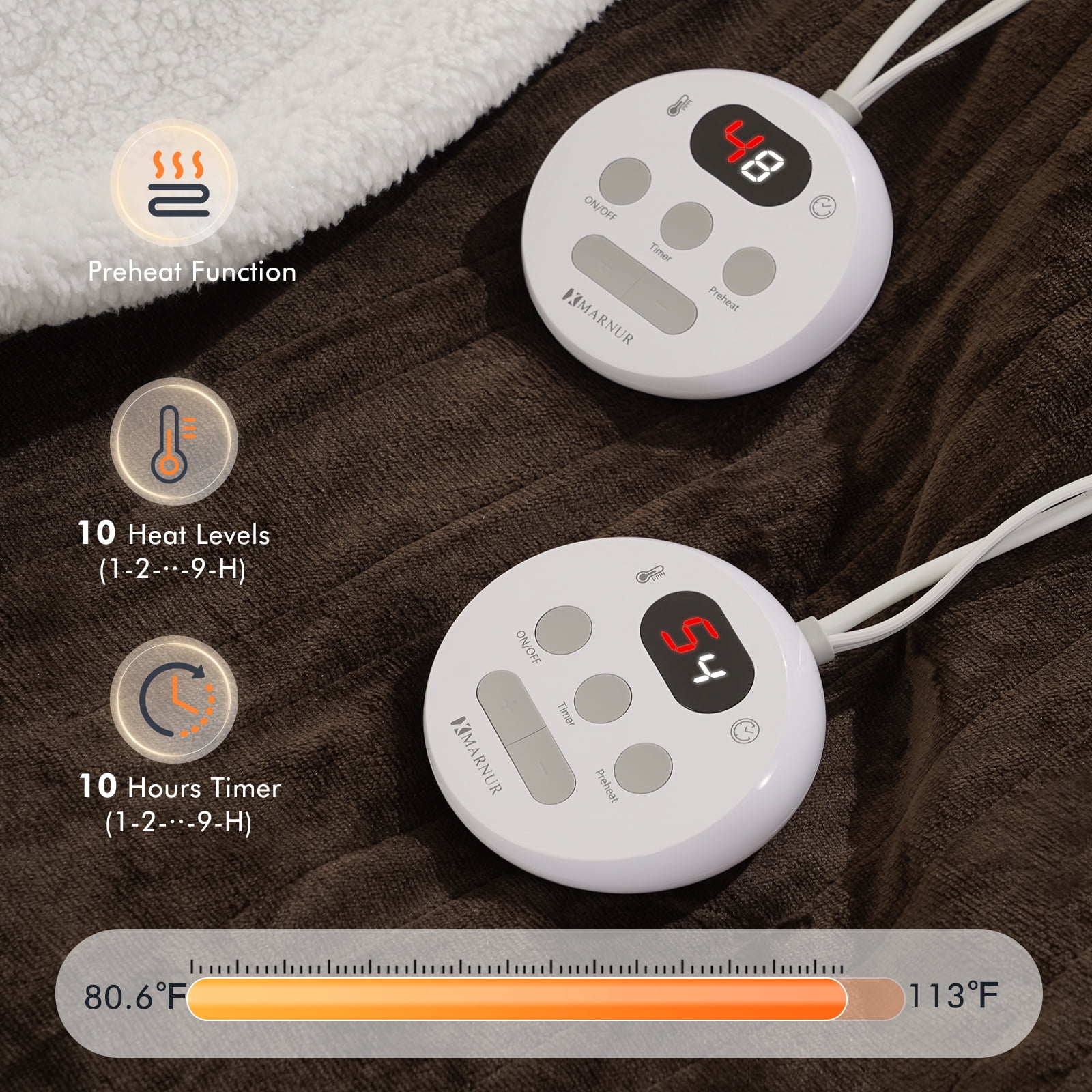 MARNUR Heated Blanket Queen Size 84''x90'', Fast Heating with Dual Controllers Electric Blanket, 10 Heating Levels, 10H Timer, Preheat Function - Brown