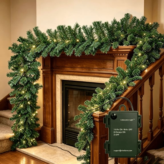 10FT Pre-Lit Artificial Christmas Garland, Battery Operated with 50 LED Lights Realistic Classic Evergreen Pine Spruce for Stair Railing Indoor Outdoor