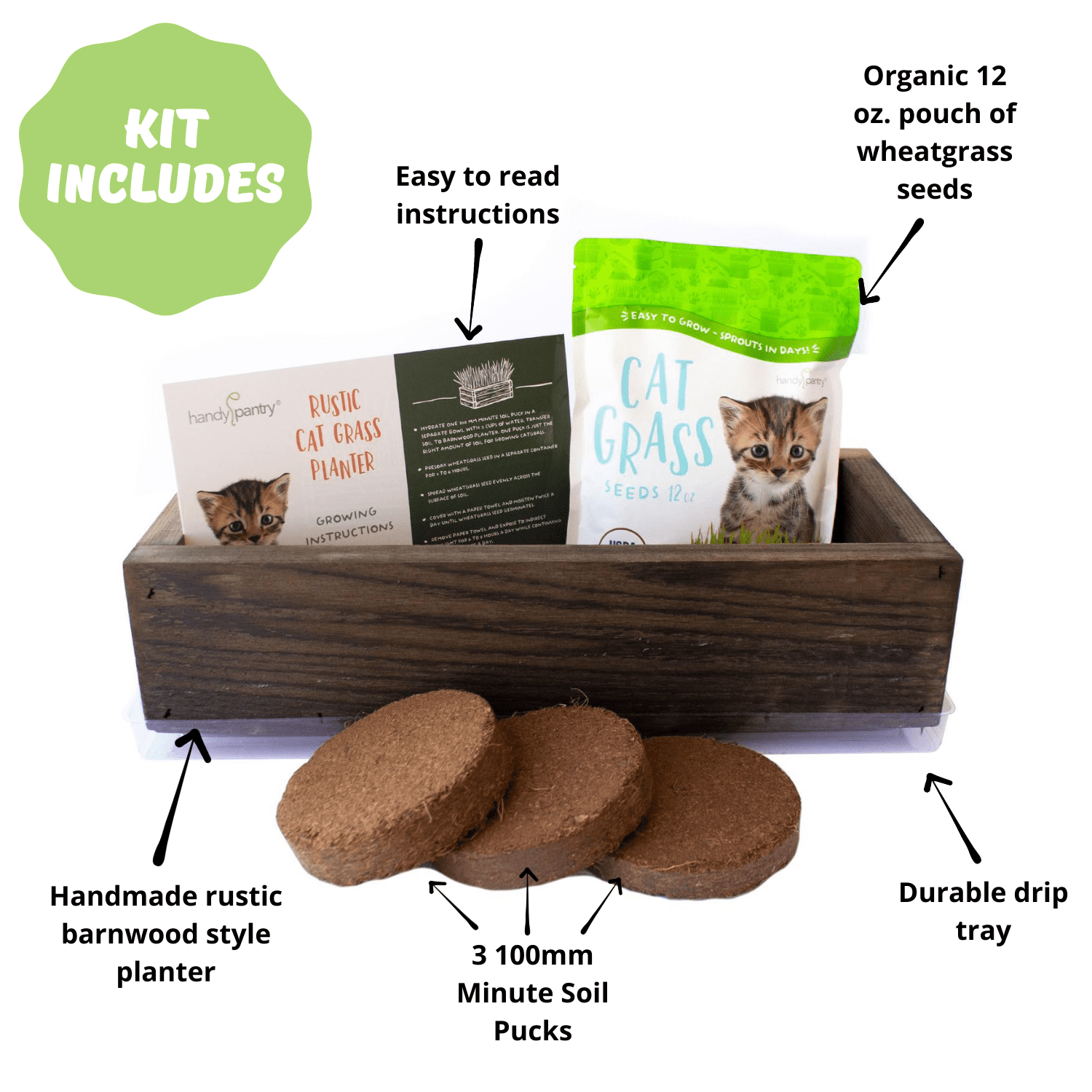Organic Cat Grass Seeds Kit - Decorative Reclaimed Barnwood Style Organic Wheatgrass Seeds Planter - Rich Brown - Hairball Remedy for Cats, Healthy Pet Grass Supplement & Wheatgrass Growing Kit