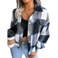 thumbnail image 5 of Musuos Women Plaid Shirt Jacket Crop Flannel Coat Long Sleeve Button Down Casual  Outwear Tops, 5 of 8