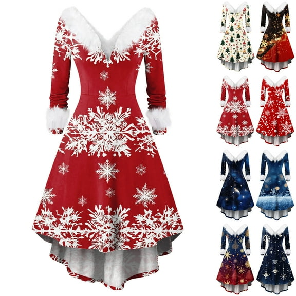 Christmas Party Printed Dresses for Women Vintage Christmas Midi Dress Casual Dresses Cocktail Dress Party Festive Dresses for Fall and Winter Seasons,Beige,L