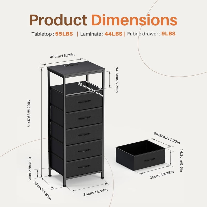 Simenmax Nightstand with Charging Station & LED Lights, 5 Drawer Bedside Table with Variable Light Strip, Modern Industrial Bedroom Furniture, Black