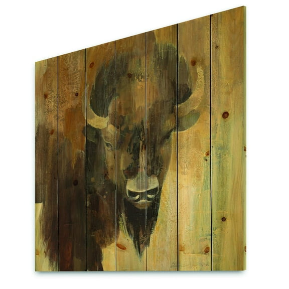 Designart 'Abstract Into the Wild Gold Buffalo' Modern Farmhouse Print on Natural Pine Wood