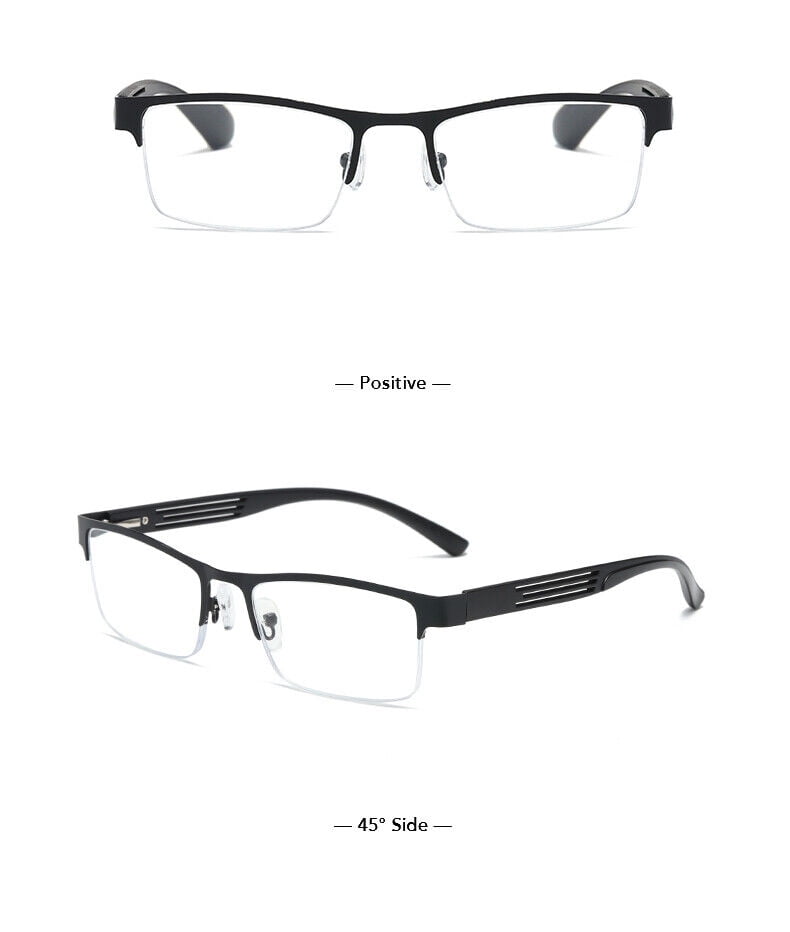B & Q 5 PK Mens Reading Glasses Spring Hinge - Square Metal Half-Frame - Blue Light Blocker Readers +3.50