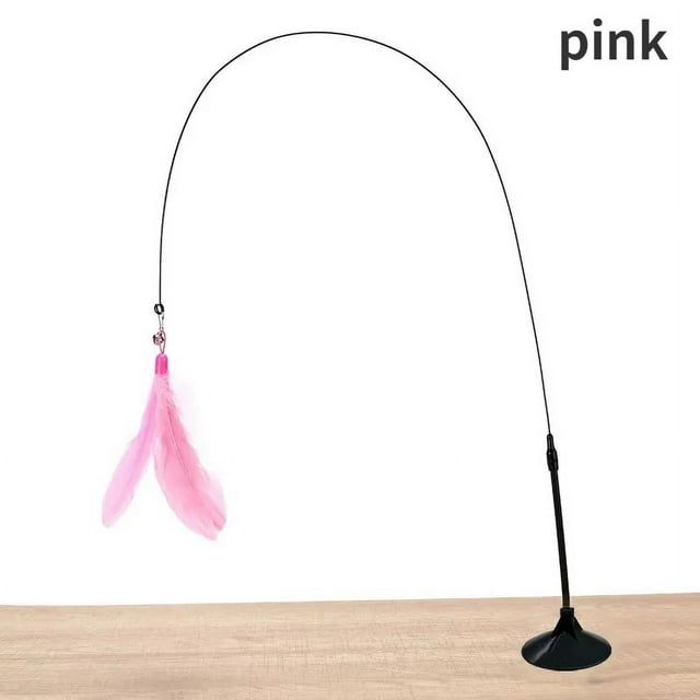 Interactive Cat Teaser Stick Toy Suction Cup Base Detachable Handheld with Bell Storage Portable Feather Stick Cat Toy Play Pink