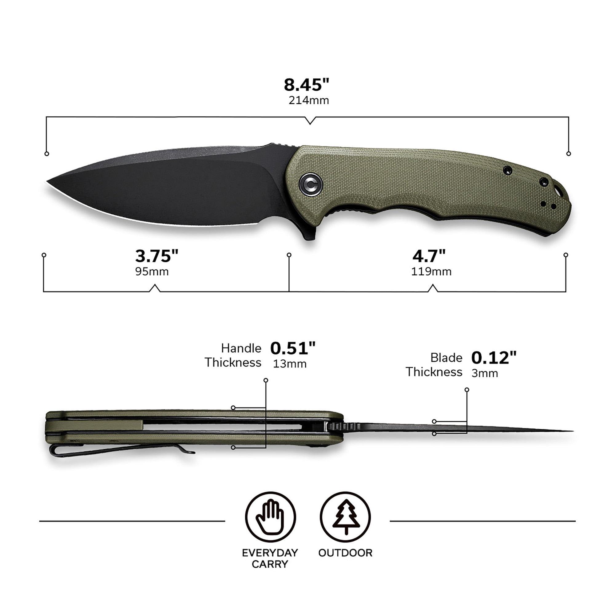 CIVIVI Praxis Pocket Folding Knife 3.75" 9Cr18MoV Blade, OD Green G10 Handle C803F