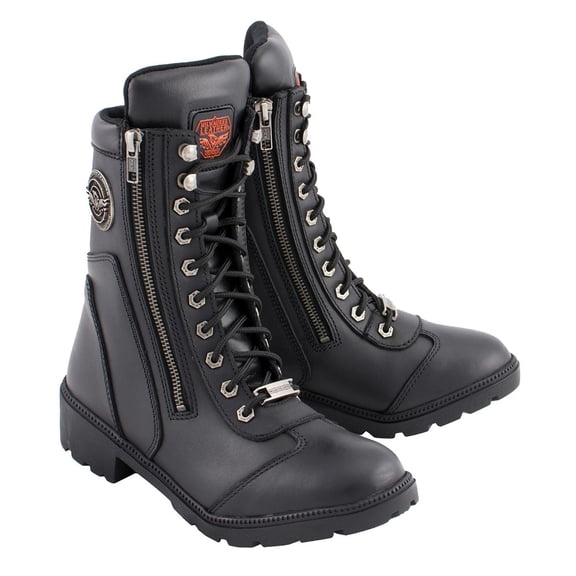 Milwaukee Leather MBL9301 Women's Black Leather Lace-Up Motorcycle Biker Riding Boots with Side Zipper Entry 7.5