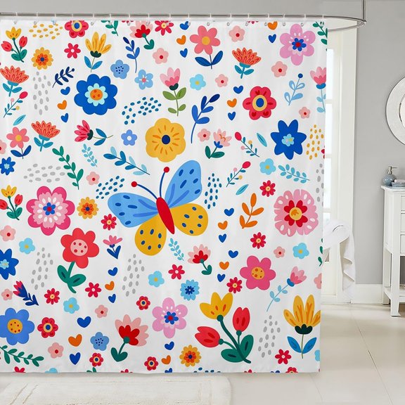 Floral Butterfly Shower Curtain with Watercolor Flowers and Cute Bugs Fabric Bathroom Decor for Tub 71x71 inches White and Multicolor