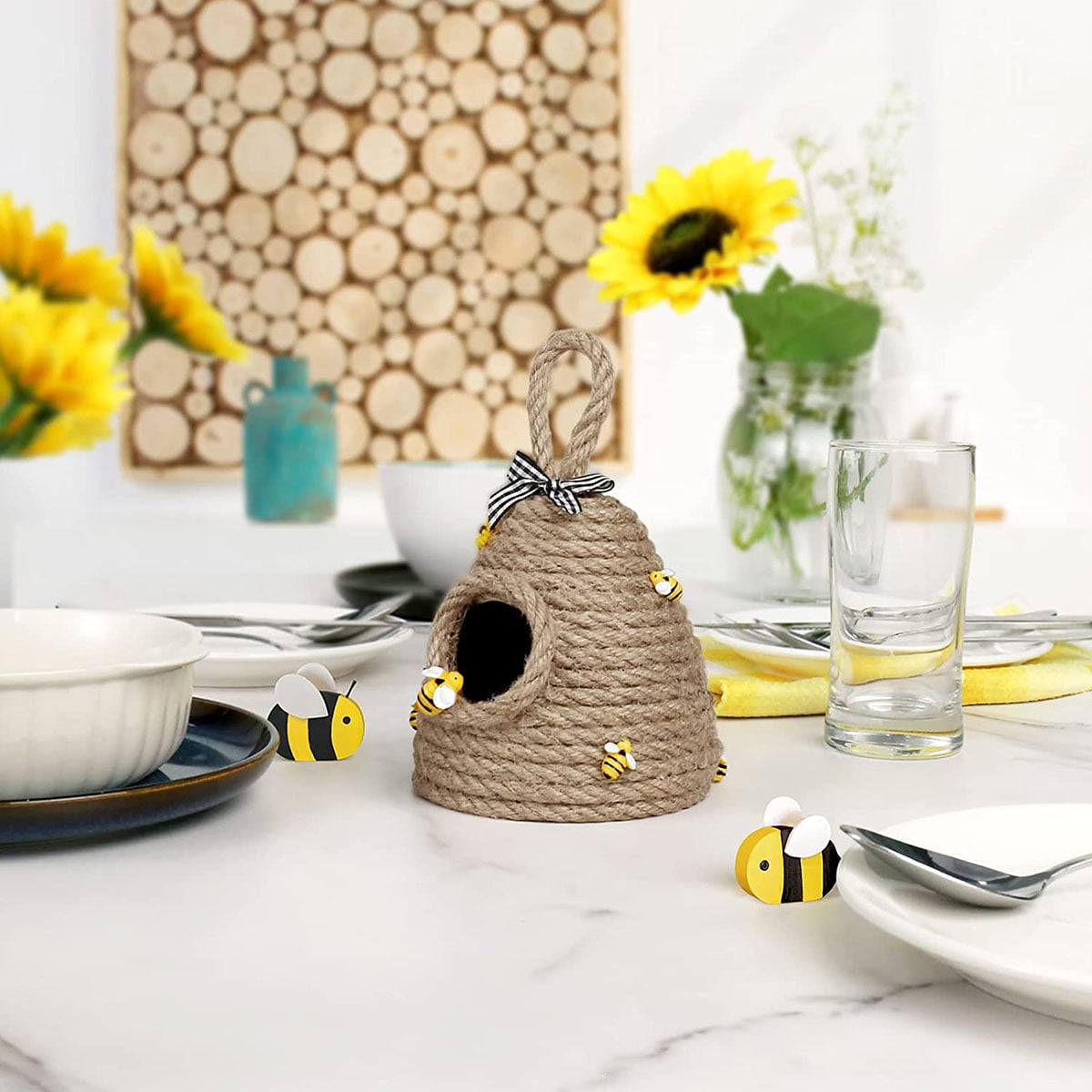 Jute Beehive Decorations for Home Party Decor Summer Bumble Bee Hive with  Sunflower Ornaments Outdoor Indoor Decorative Honey Bee Skep for Farmhouse