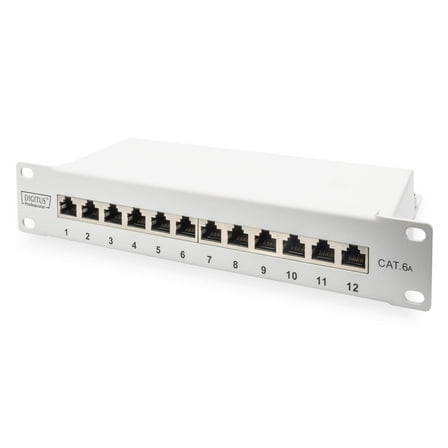 DIGITUS CAT 6A Patch Panel, Shielded, 12-Port Label Field, 1U, 10" Rack Mount, Grey RAL 7035