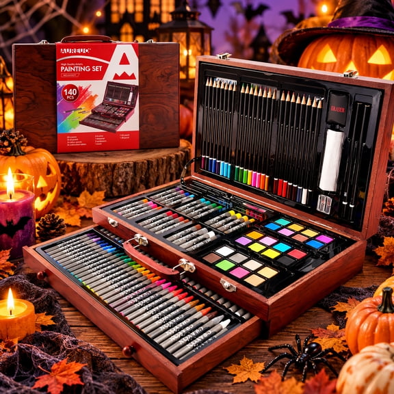 AUREUO 140pcs Deluxe Art Set with Wooden Case,for Hallowmas Gift