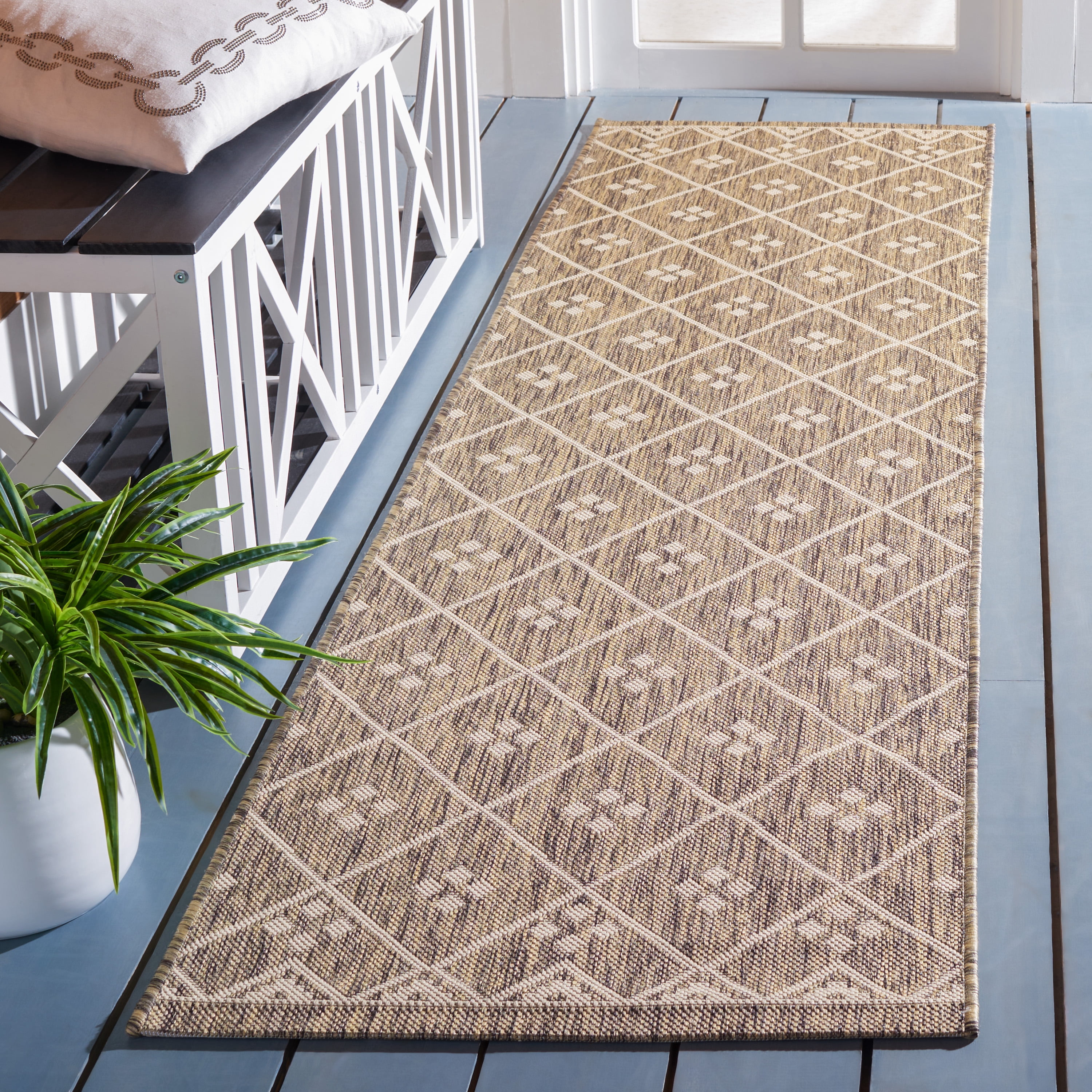 SAFAVIEH Courtyard Cori Bordered Indoor/Outdoor Runner Rug, Brown/Light Beige, 2'3" x 8'