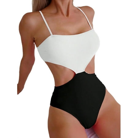 Women s One-Pieces Colorblock Sexy Swimsuit Spaghetti Strap Sleeveless Black and White M (6)