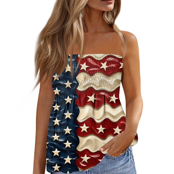 American Flag Smocked Strapless Bandeau Tank Women 4th of July Sleeveless Casual Pleated Flowy Blouses