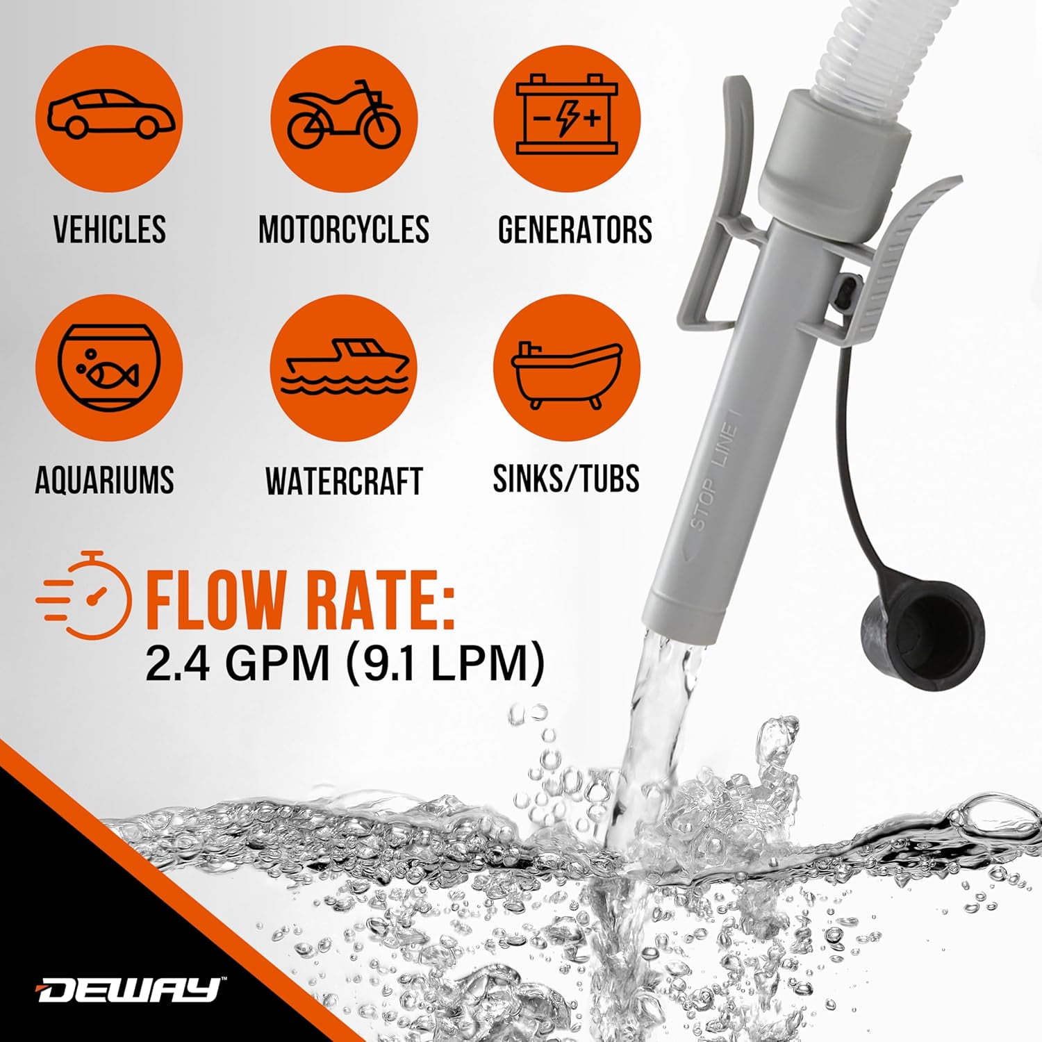 Deway Fuel Transfer Pump with Auto-Shutoff Nozzle, 2.4GPM Flow Rate, 51" Hose & 3 Fuel Adapters