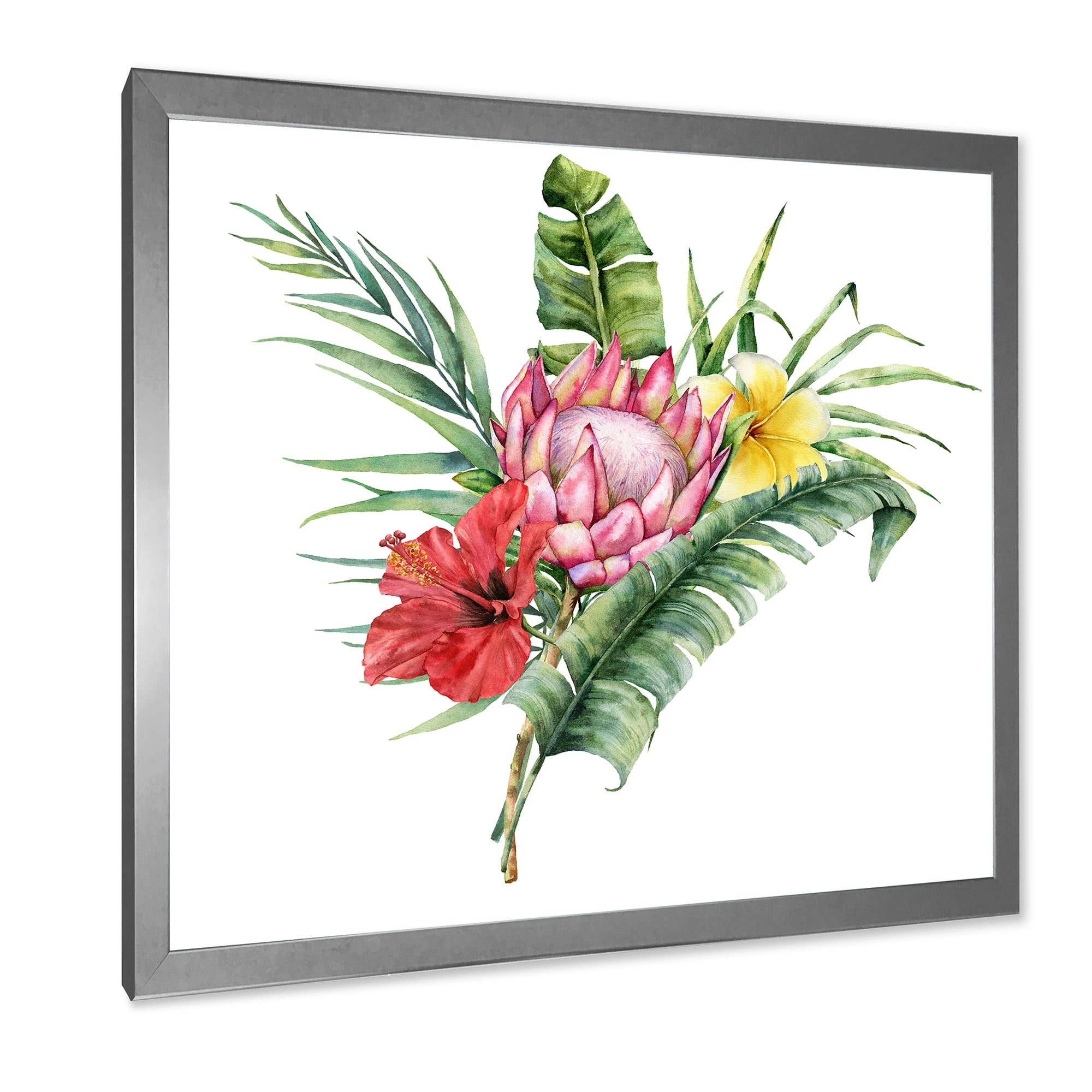 Designart 'Flowers Bouquet With Protea Plumeria Hibiscus' Traditional Framed Art Print