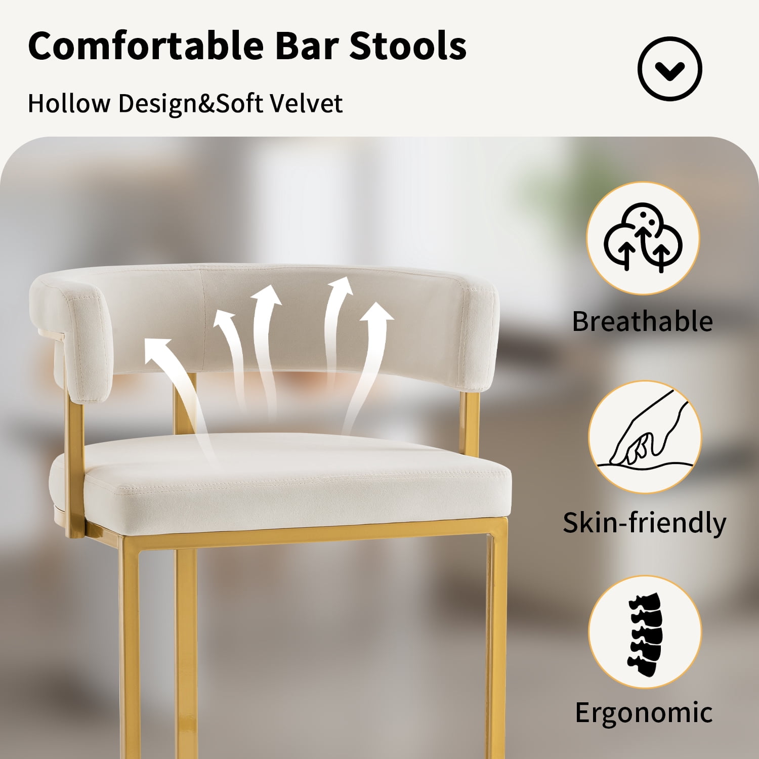 Set of 2 Beige Modern Velvet Bar Stools with Barrel Backrest, Upholstered Seat, and Gold Metal Footrest 25.6 inch Seat Height, Ideal for Counters, Home Bars, and Kitchen Islands