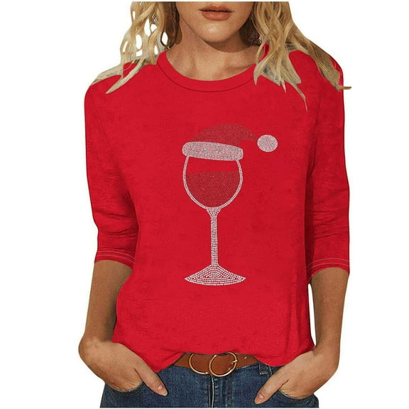 successthop Christmas Funny Shirts for Women Wine Plus Size 3/4 Sleeve Tee Oversized Crewneck Top Loose Print Clothes XL