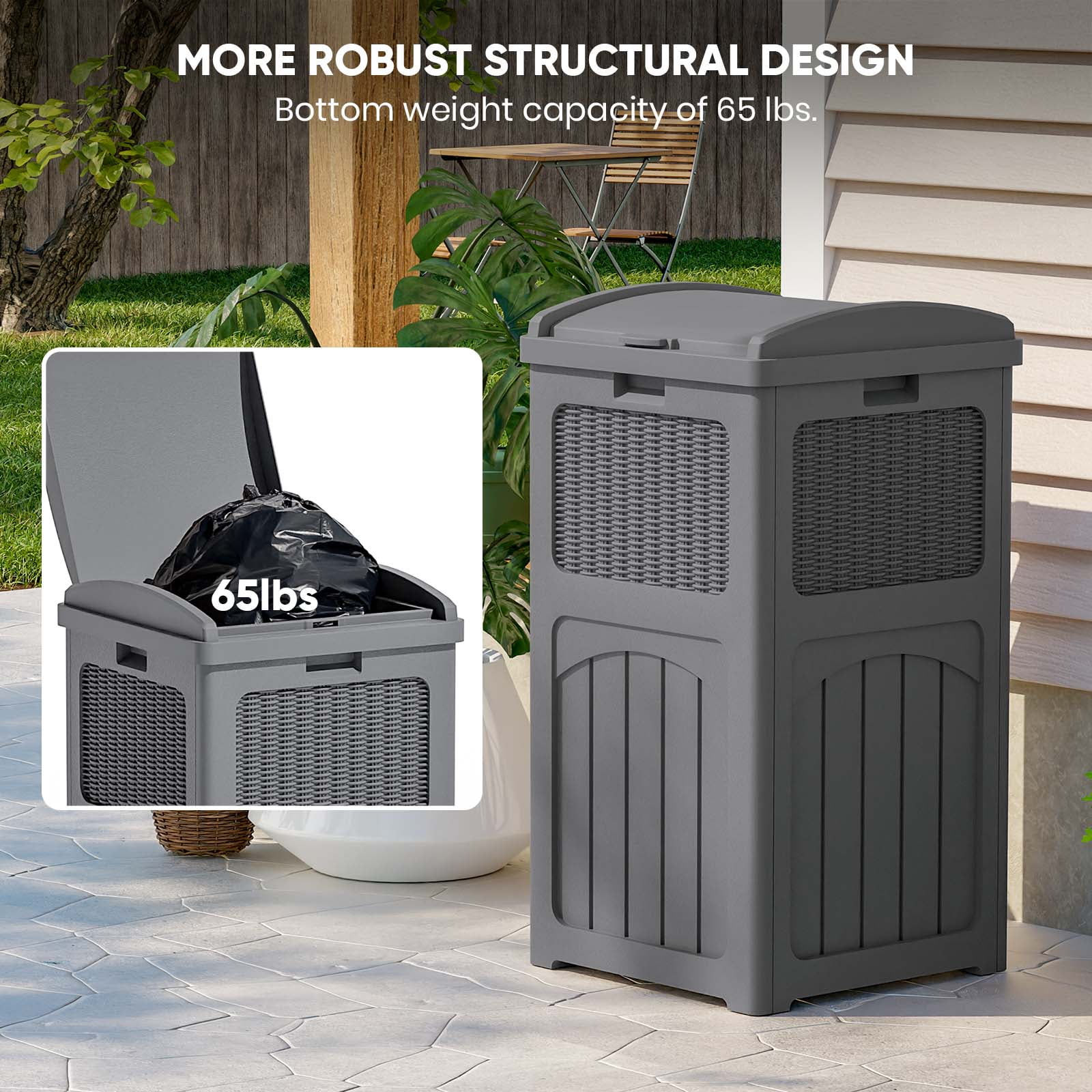 Patiowell 36 Gallon Hideaway Can Resin  Trash with Latch for Backyard, Deck, or Patio,Gray