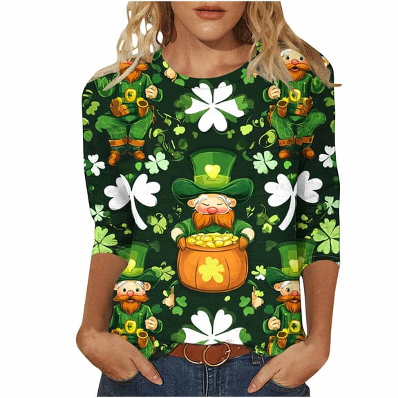 SELONE 3/4 Pullover Tops Womens St. Patricks Day 3/4 Sleeve Crewneck Pullover Patterned Sweatshirt Loose Outerwear